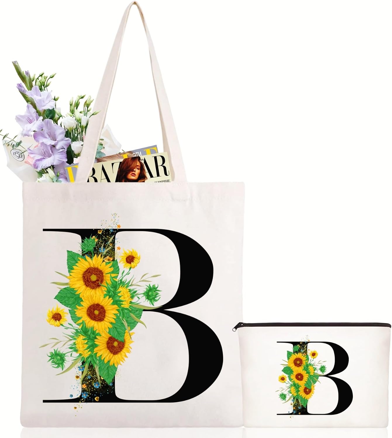 Andeiltech Initial Canvas Tote Bag Sunflower Letter Personalized Makeup Bag Monogrammed Gift for Bridesmaids Birthday Wedding