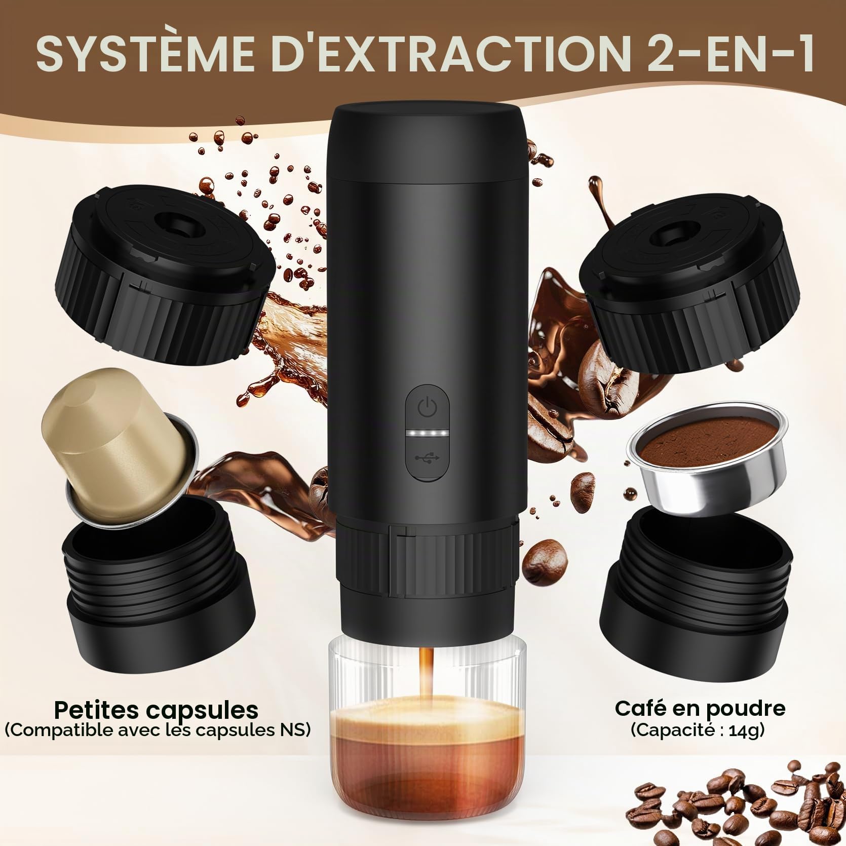 LAMA Machine à café Moulin à café Mousseur à lait, Machine à espresso électrique pour café moulu & petites capsules, moulin à café sans fil mousseur à lait pour les voyages, le camping, le bureau