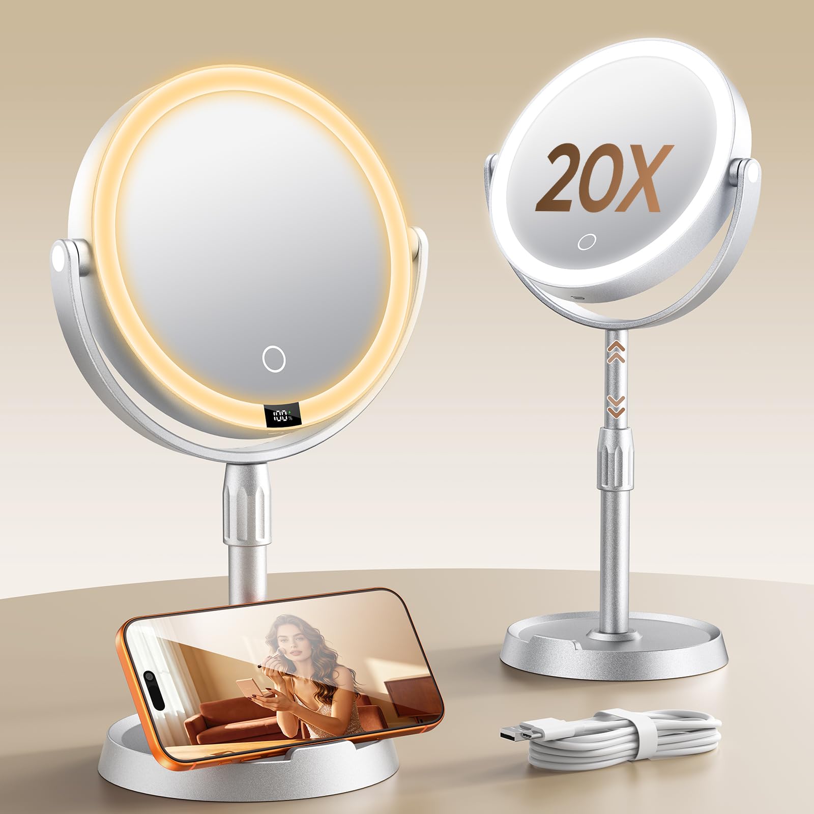 Specchio da trucco illuminato in ABS da 17,8 cm, con luci, ingrandimento 1X/20X con luce e display digitale, altezza regolabile da 6,6 cm, ricaricabile, 3 modalità di colore per trucco e rasatura