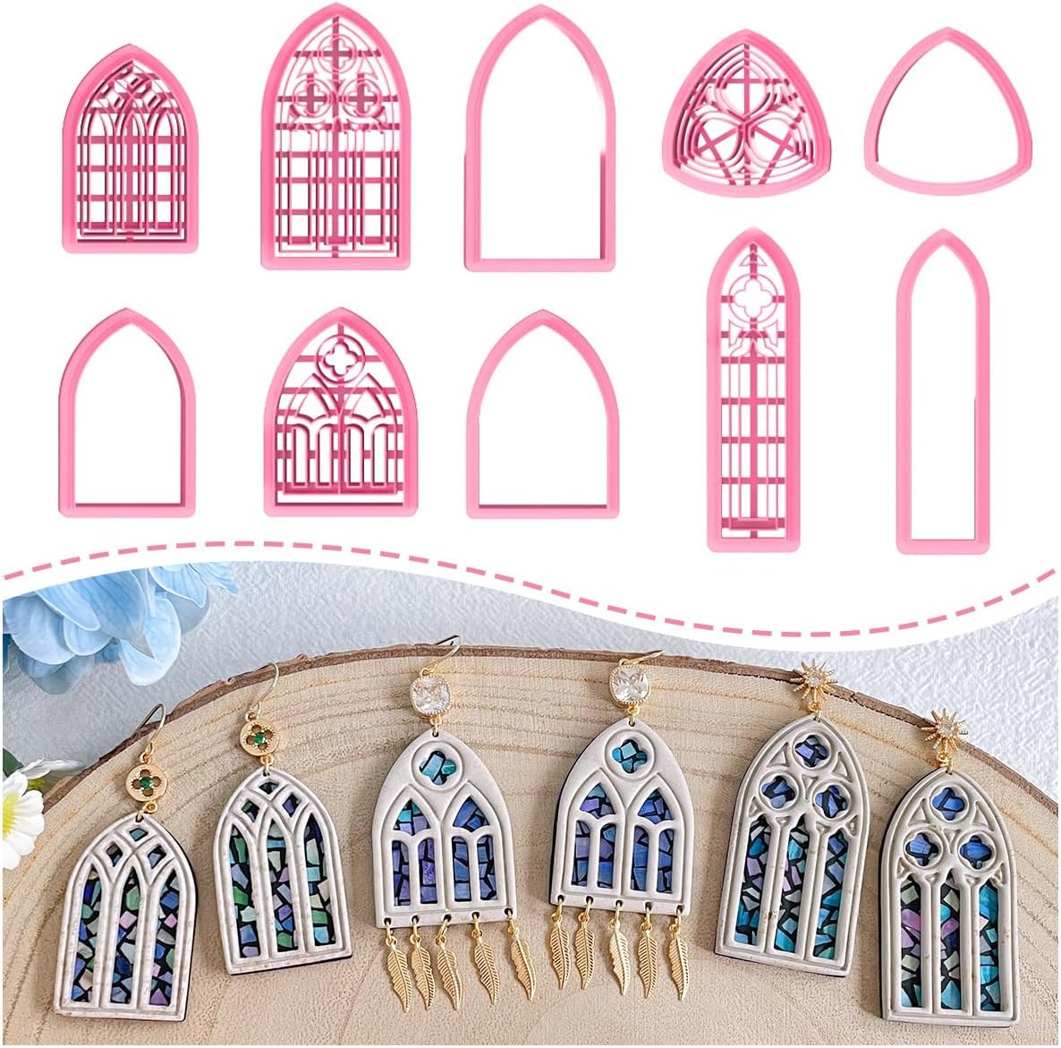 Keoker Gothic Window Clay Cutters, Frame Clay Cutters for Polymer Clay Jewelry, Cathedral Window Polymer Clay Cutters, Clay Earring Cutters, 10 Shapes Earring Cutters for Polymer Clay