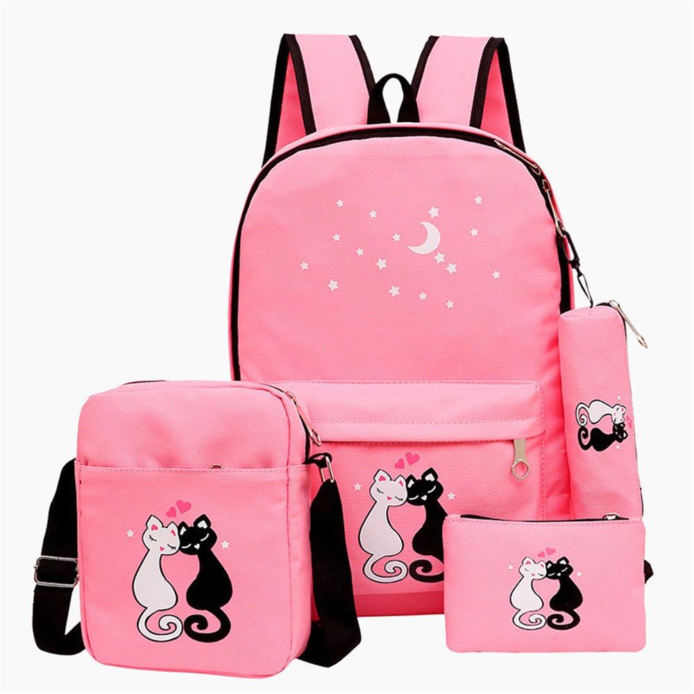 4Pcs Cat Prints Girls Backpack Set with Crossbody Bag, Elementary School Backapck for Girls, Pink