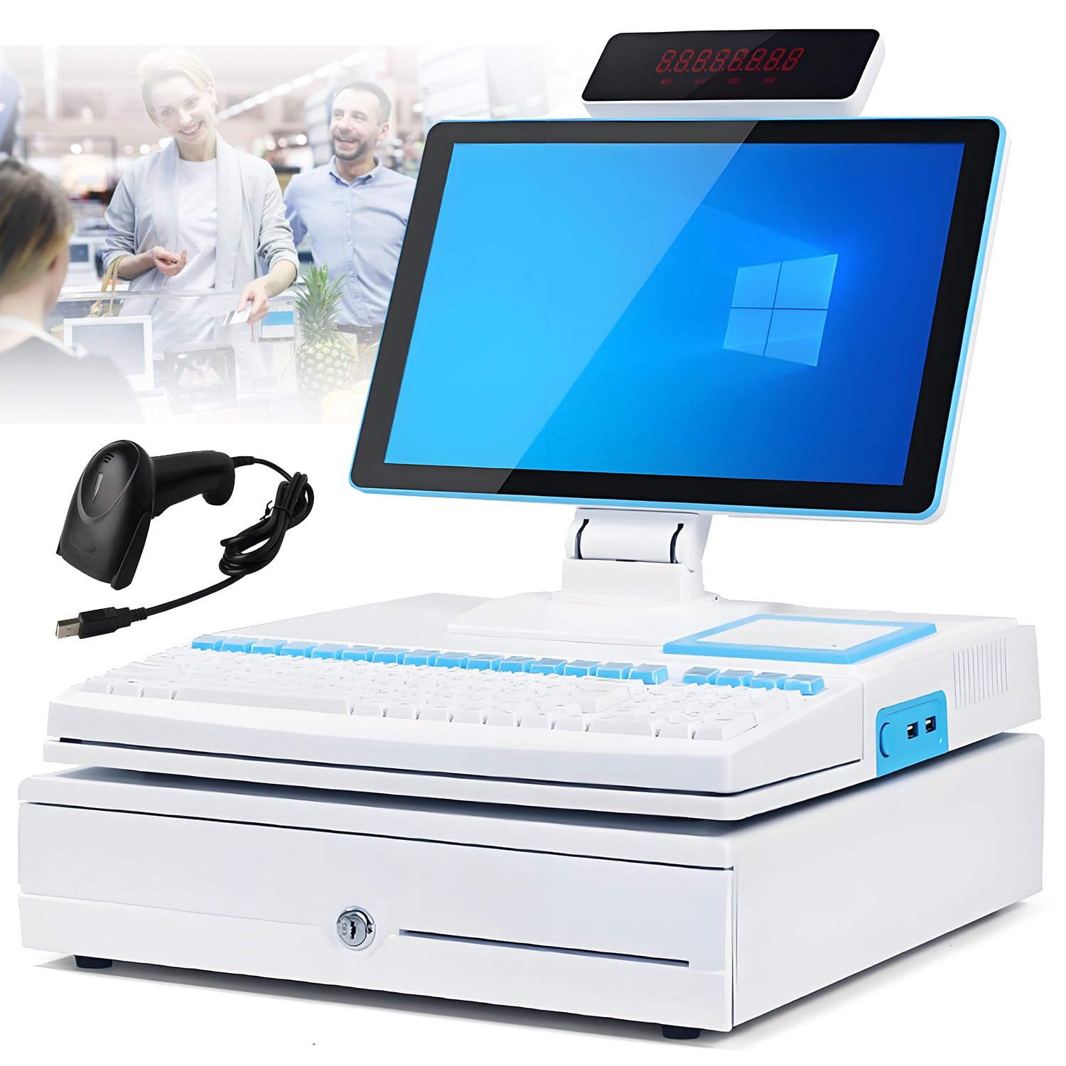 Système de Caisse enregistreuse Tactile Intelligent Tout-en-Un, imprimante Thermique intégrée de 58 mm, tiroir-Caisse, Scanner Portable, Windows 10 White-SingleScreen