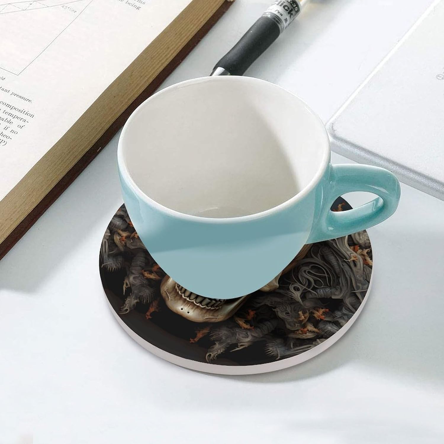 Skulls Coaster with Cork Base Drink Coasters for Coffee Table Decor Modern Cup Coasters with Non-Slip & Heat-Resistant Cute Ceramic Table Coaster for Home Dining
