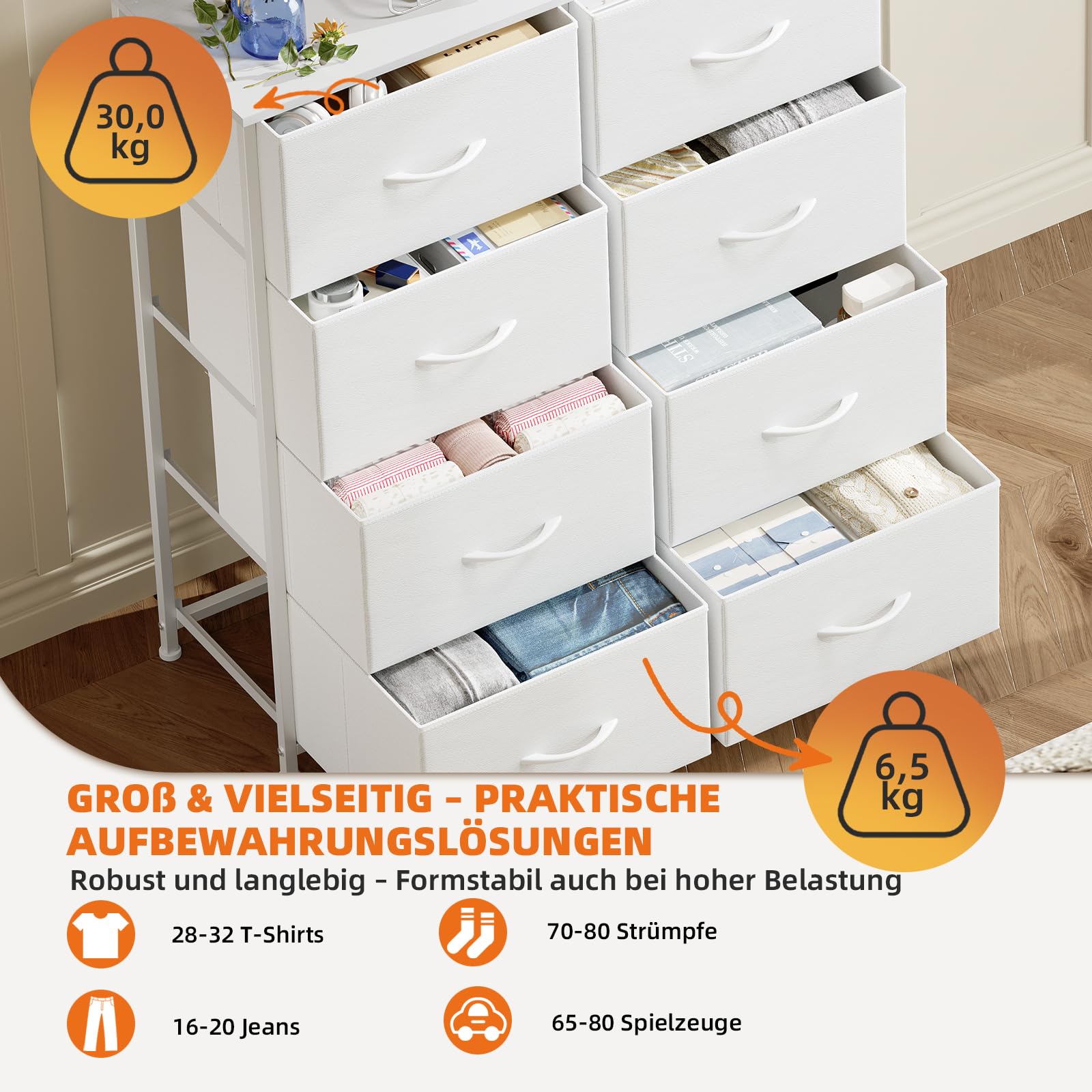 Somdot Kommode mit Schubladen aus Stoff, Komodenschrank, Kommode für Schlafzimmer Wohnzimmer Flur, Schubladenschrank Aufbewahrungsschrank Stoffkommode, 8 Stoffschubladen, Weiß