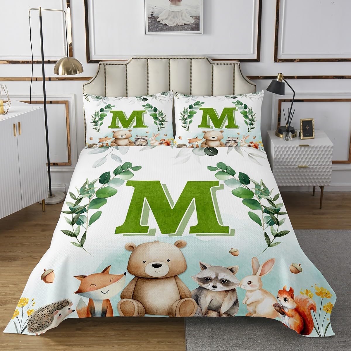Erosebridal Initial Letter Coverlet Set - Birthday Gifts for Nursery Kids Boys Girls Cartoon Cute Woodland Animal King Size Bedspread Set Eucalyptus Leaves Bedding Sets(M)