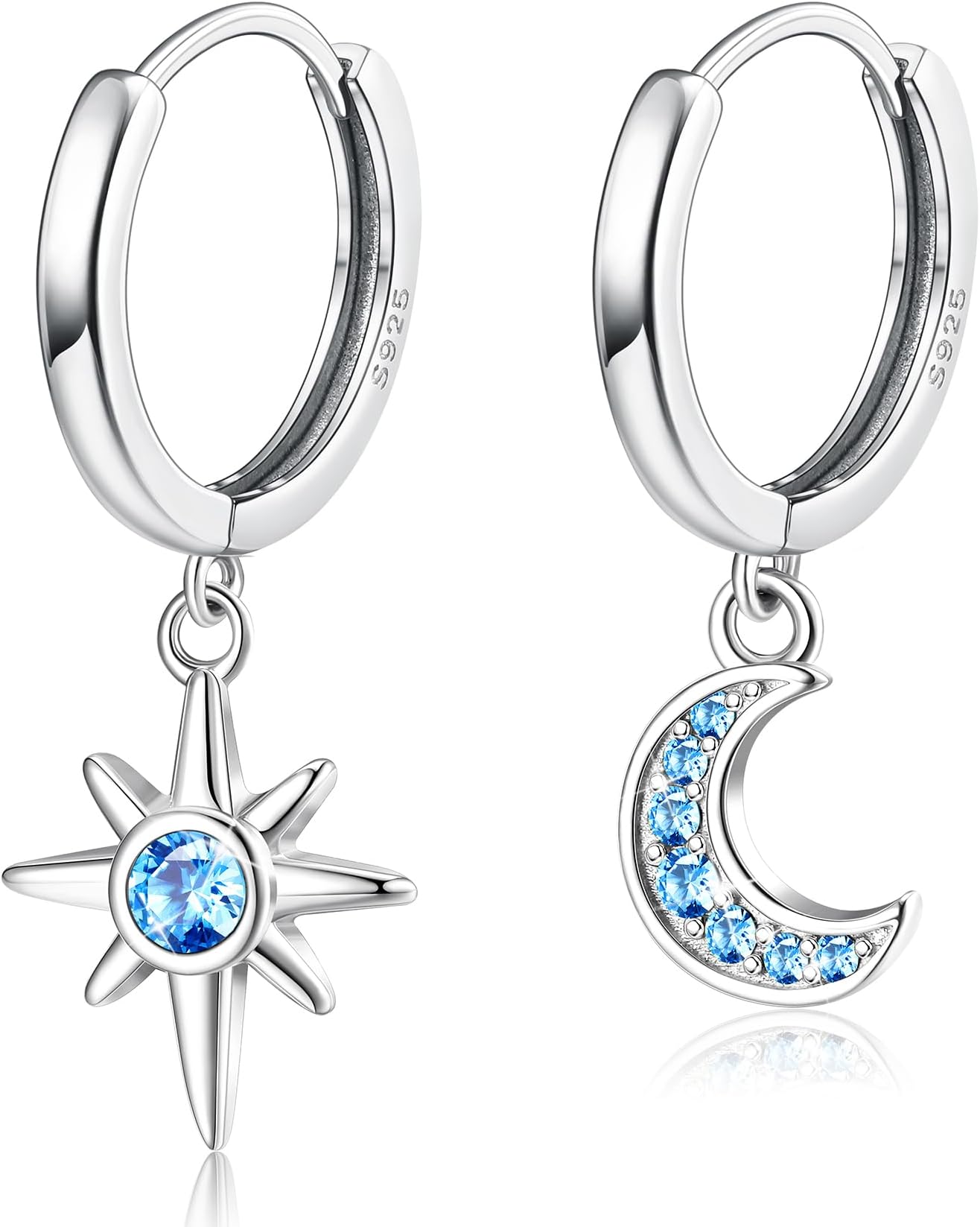 ADRAMATA925 Sterling Silver Earrings for Girls - CZ Moon Star Silver Drop Earrings for Women, Small Huggie Hoop Earrings, Hypoallergenic Silver Dangling Drop Earrings, Ideal for Sensitive Ears