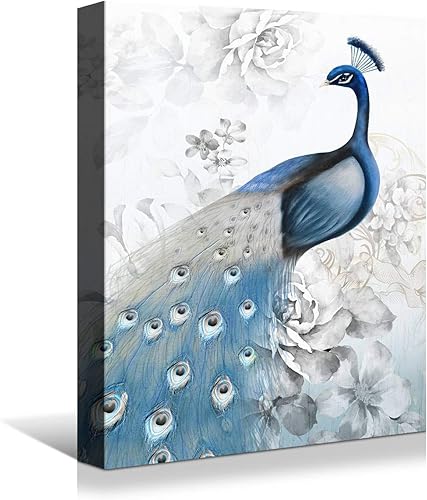 Miniatura 25 de Looife Lienzo decorativo para pared de pavo real, 16 x 32 pulgadas, pájaros verde azulado con flores, decoración de pared para decoración de DW148
