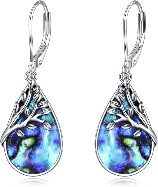 YFN Tree of Life Earrings for Women Sterling Silver Teardrop Abalone Shell Dangle Leverback Earringgs for Girls