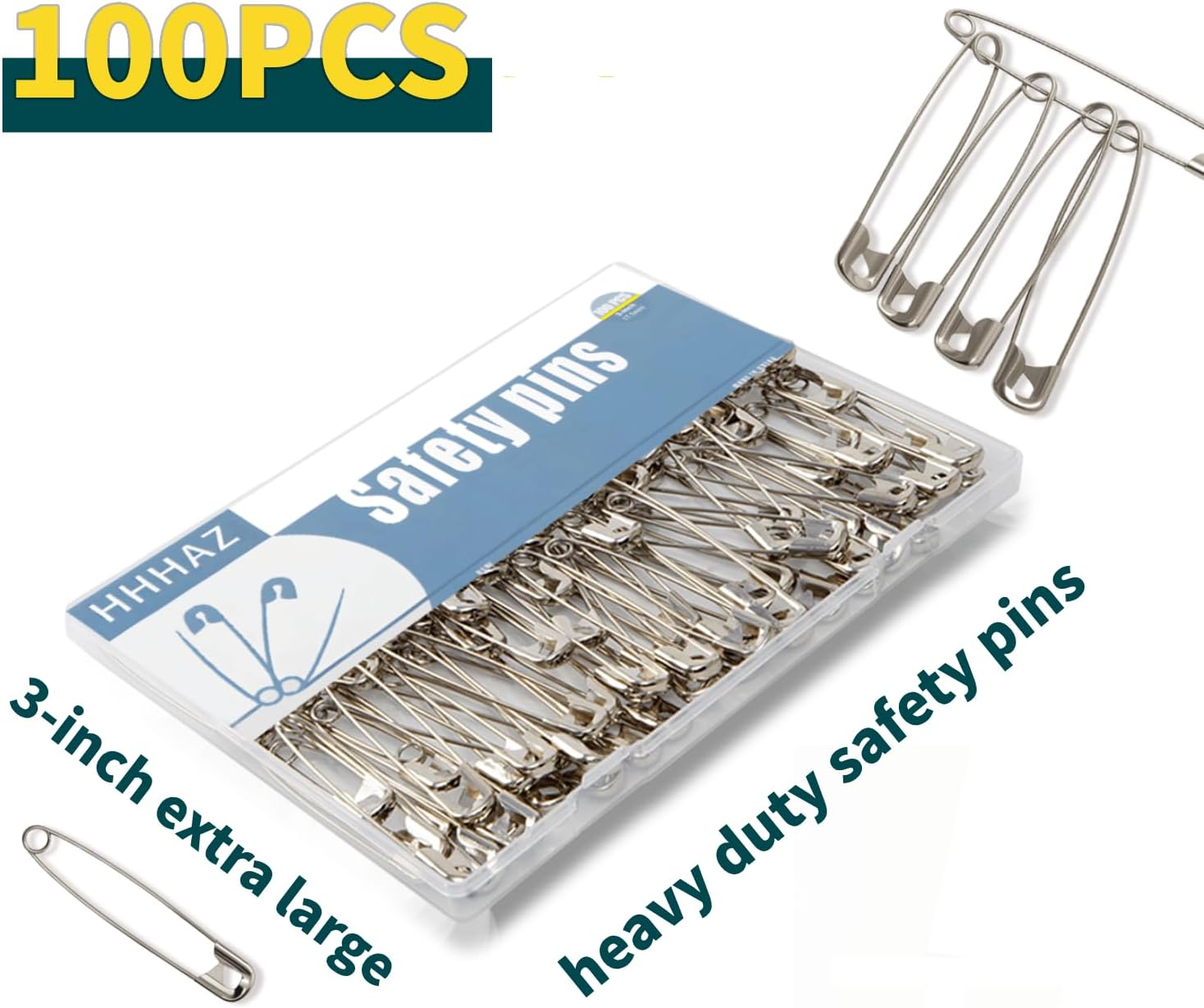 3 Inch Extra Large Safety Pins, 100 Pack, Nickel-Plated Steel | Heavy Duty, Silver, Bulk for Sewing, Crafts, Clothing, Decor, Clips