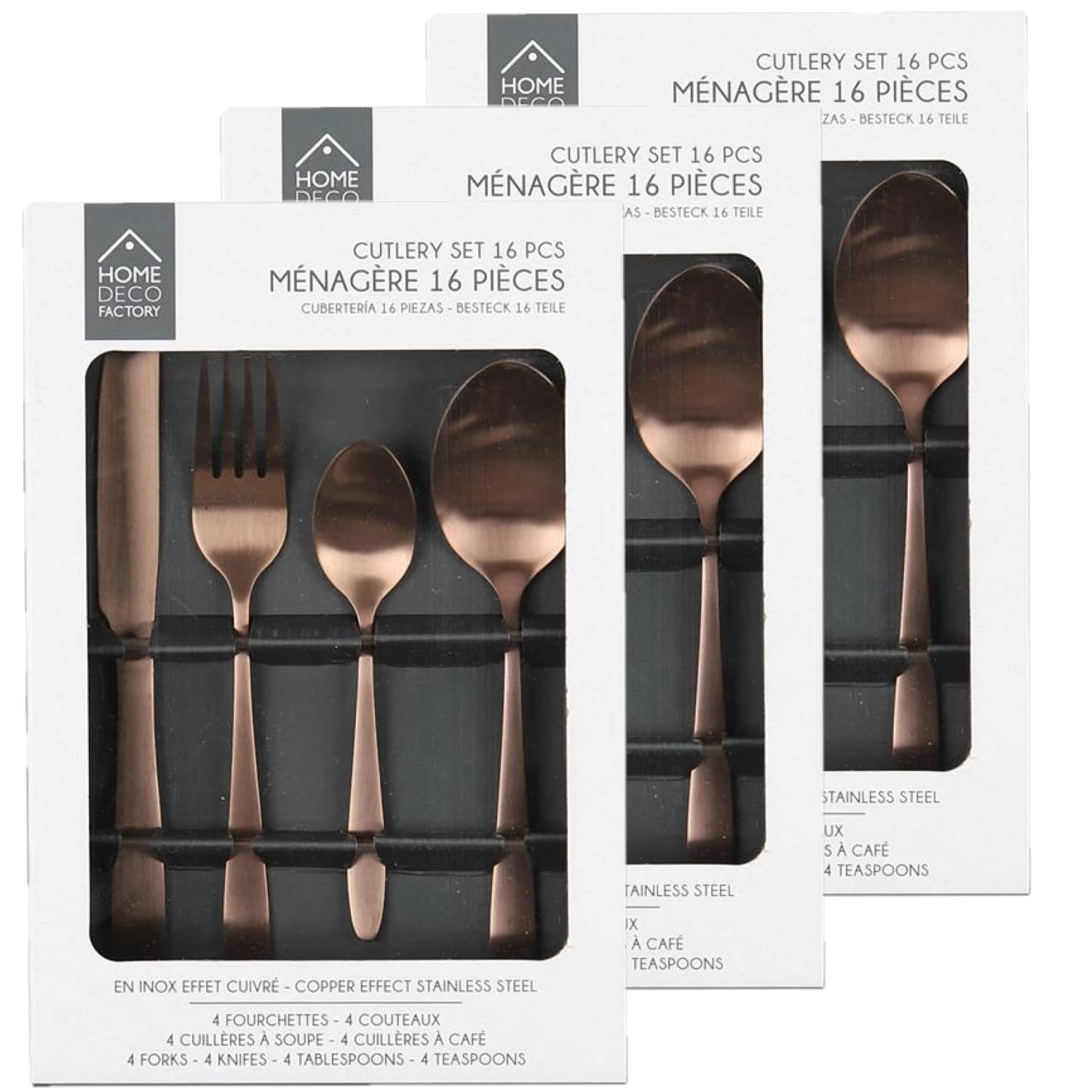 Lot de 3 Ménagères en Acier Inoxydable Table Chic - 48 Couverts - Marron cuivré