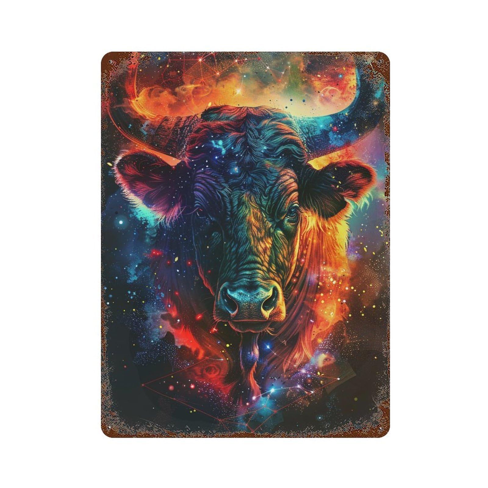 Garage Style Cosmic Bull Art Print Decorative Tin Sign 15.7"x11.8", Novelty Wall Decor for Bar And Workshop