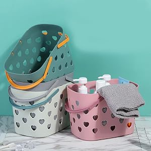 Caralin Plastic Storage Basket with Handles Hollow Shower Caddy with Holes Bathroom Organizer Toiletry Bag Basket Blue