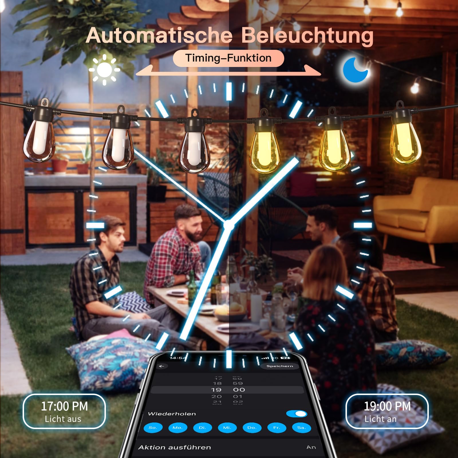 Guirlande lumineuse de 15 m pour l'extérieur/l'intérieur, réglable, RGB, plus de 1000 modes pour les fêtes, terrasses, brasseries en plein air, pavillons, balcons, jardins, Halloween, Noël (APP)