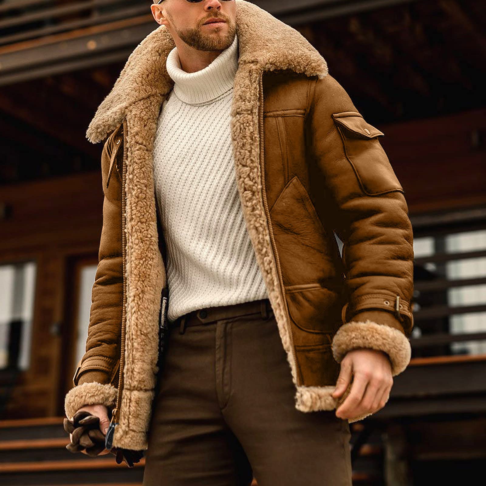 SYDUZAX Cappotto Invernale Pile Uomo Cappotto Caldo Foderato in Sherpa Cappotto Moto Uomo Trench in Lana con Revers a Maniche Lunghe Tinta Unita Cappotto da Vacanza Casual Vintage Taglie Forti