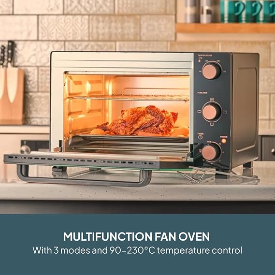 Cooks Professional Mini Oven | Electric Multi Function Countertop Cooker | 28L Capacity | Adjustable Temperature Control & Timer | 1500W | Includes Roasting Dish & Wire Rack | Black and Copper