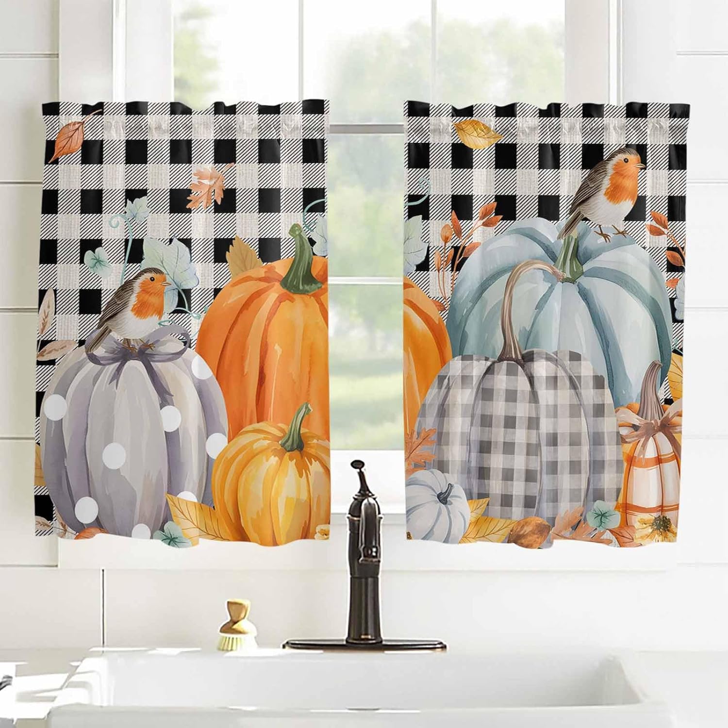 Pumpkins Fall Kitchen Curtains, Orange Thanksgiving Botanical Black White Plaid Light Filtering Window Curtain, 2Pcs Rod Pocket Window Treatments Set for Study Room Bathroom Bedroom 52x54 Inches