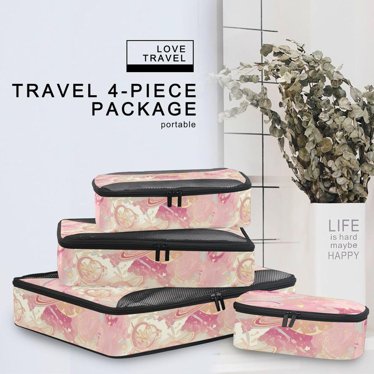 Rose Gold Planet 4 Pcs set travel luggage organizer Mesh Travel Essentials portable travel cubes for packing