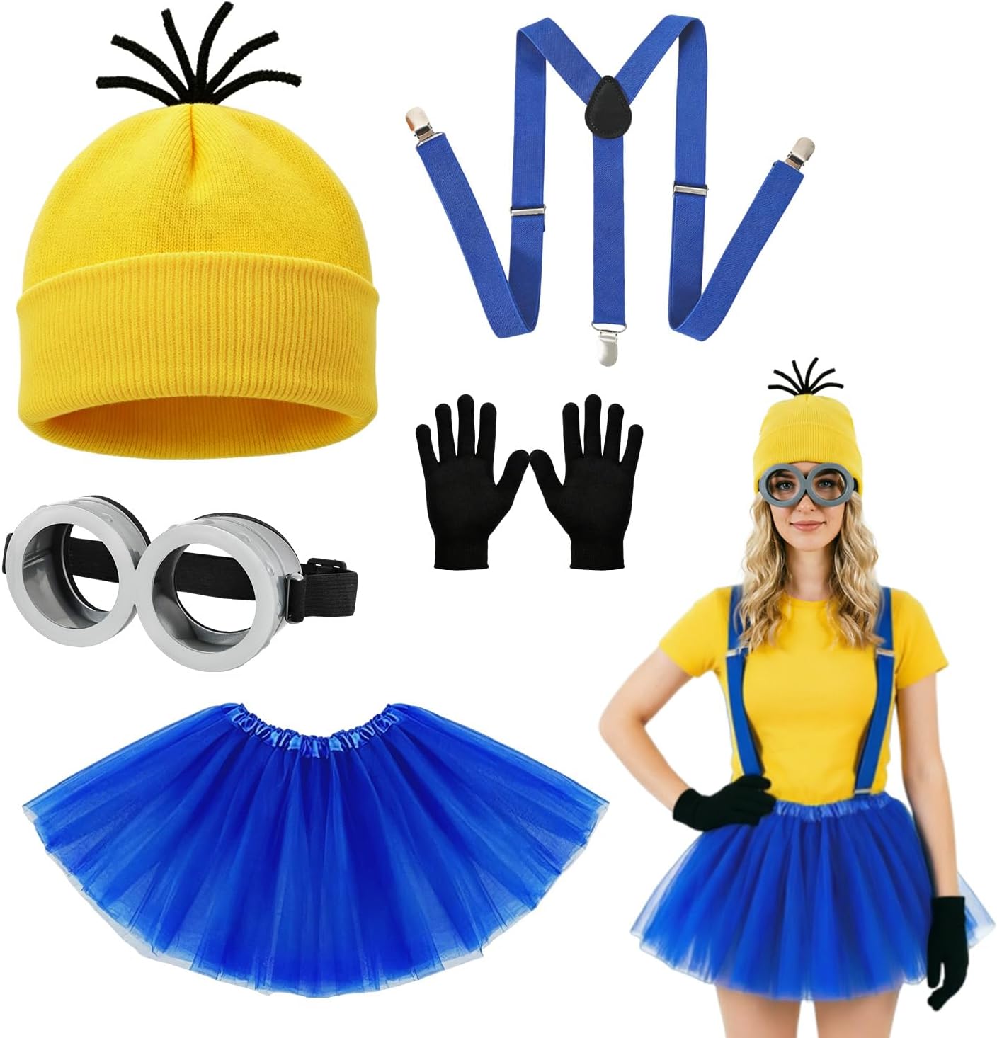 Halloween Costume Accessories for Adult Women Men, Goggles Glasses/Yellow Beanie Hat/Suspenders/Gloves for Cosplay