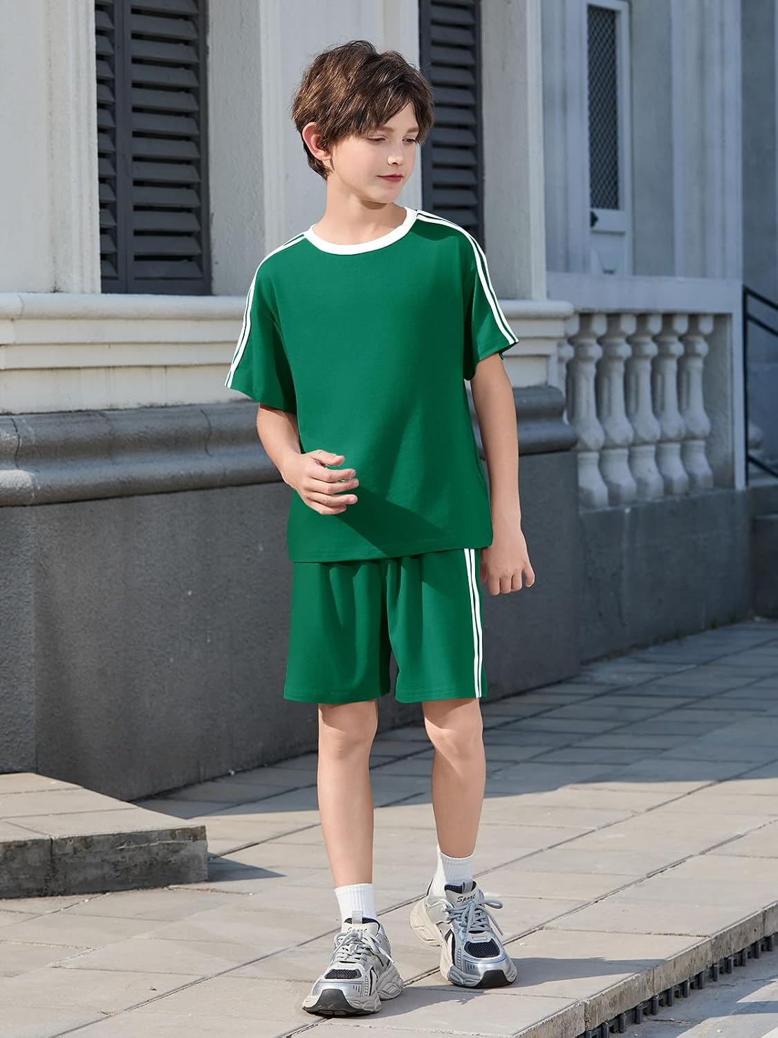Haloumoning Boys 2 Piece Summer Outfits Kids Striped Trim Short Sleeve T-Shirt and Shorts Set with Pockets 5-14 Years