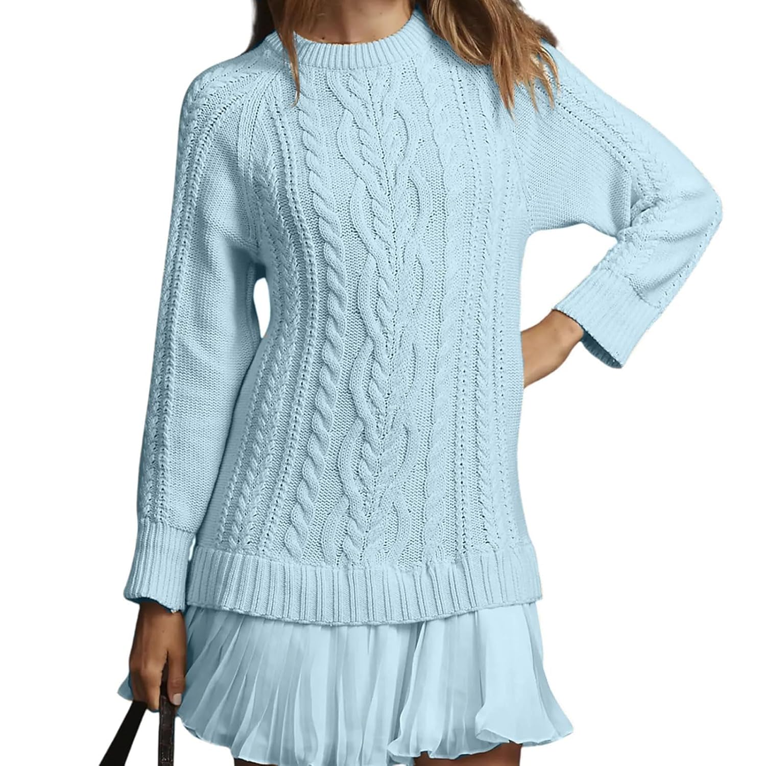 Womens Cable Knit Sweater Dress Oversized Crewneck Long Sleeve Pleated Mini Dress Sexy Casual Fall Patchwork Dresses