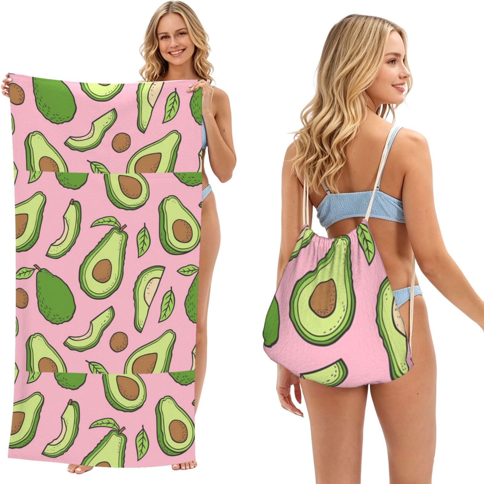 Poadnly As Picture Avocado Pattern, 2 In 1 Packable Towel Bag, Beach Towels With Drawstring Backpack For Travel Holiday Camping