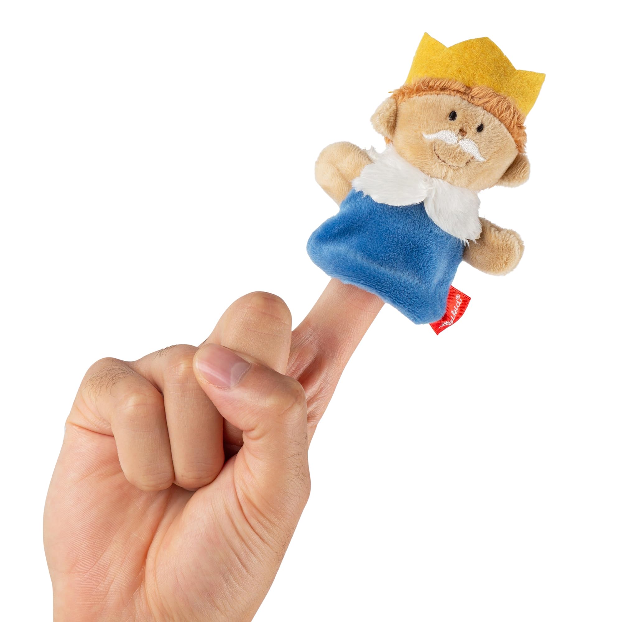 Sigikid 43008 König Fingerpuppe – 10 cm, Plüsch, blau-weißer Mantel