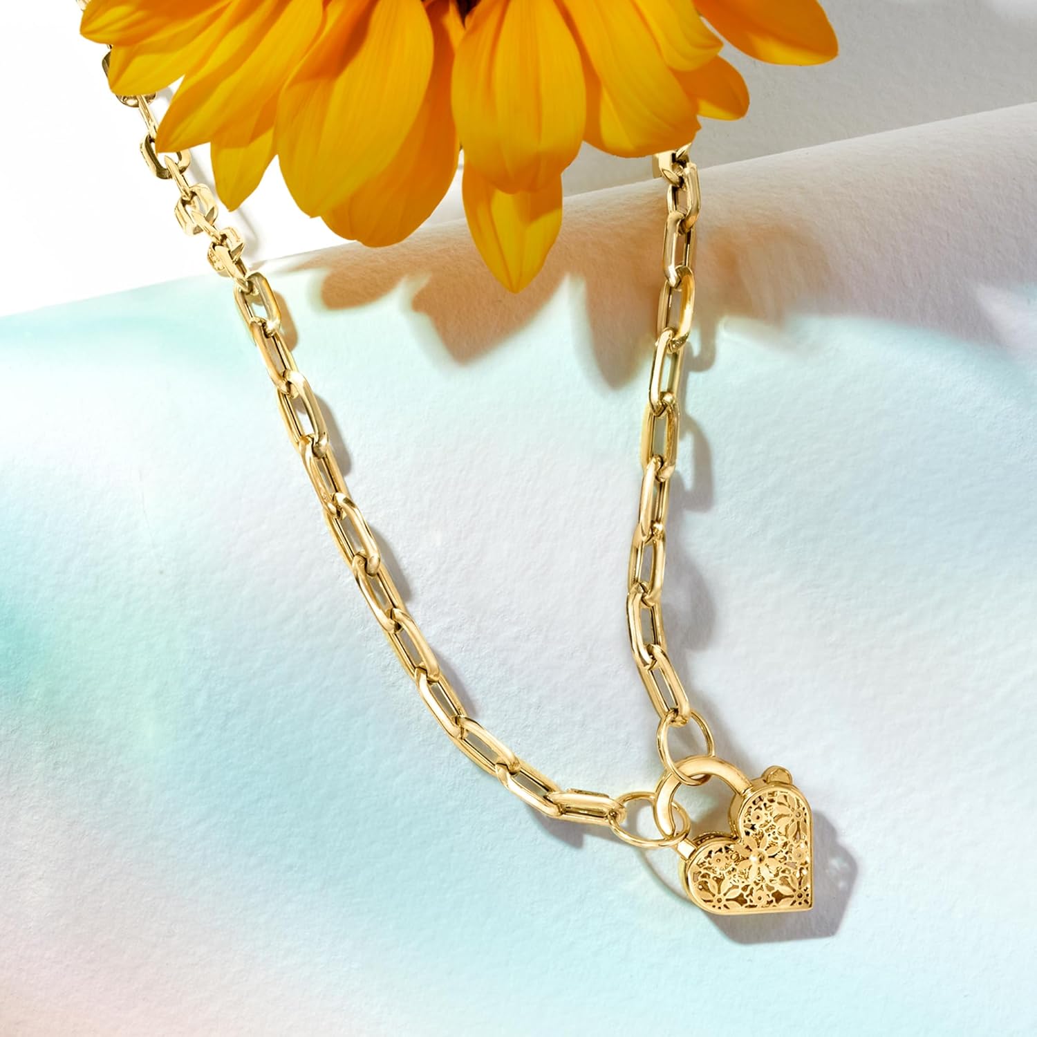 Ross-Simons Italian 14kt Yellow Gold Floral Embroidery Heart Lock Paper Clip Link Necklace