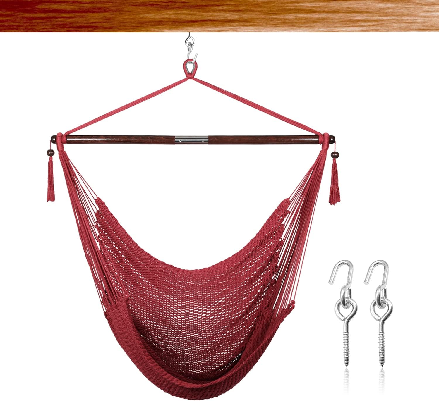 Large Caribbean Hammock Chair with Hanging Hardwear Kits, Indoor Outdoor Hanging Chair with Spreader Bar and 2 Hanging Hooks