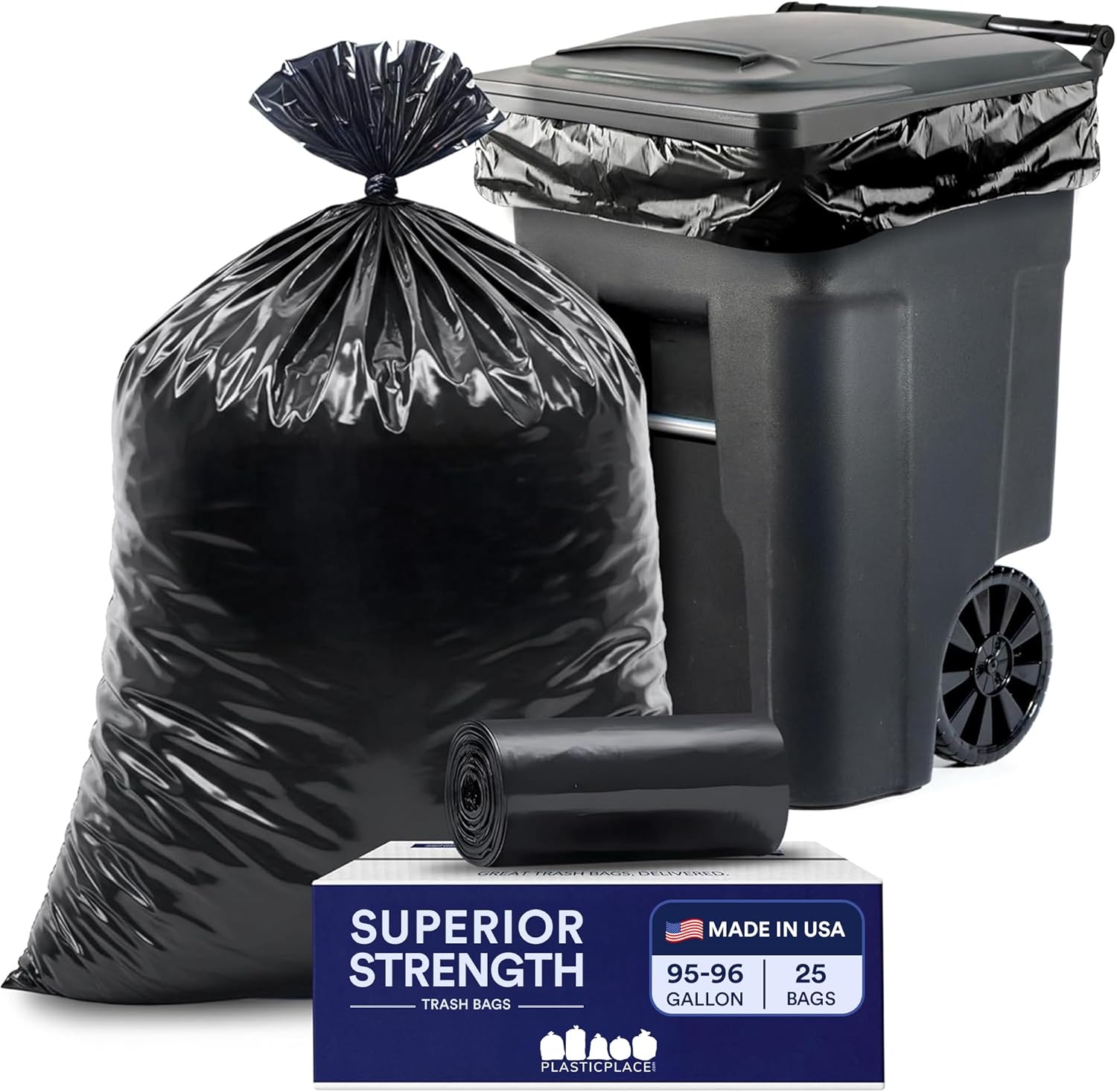 Plasticplace 95-96 Gallon Garbage Can Liners │ 2 Mil │ Black Heavy Duty Trash Bags │ 61” x 68”, 25 Count