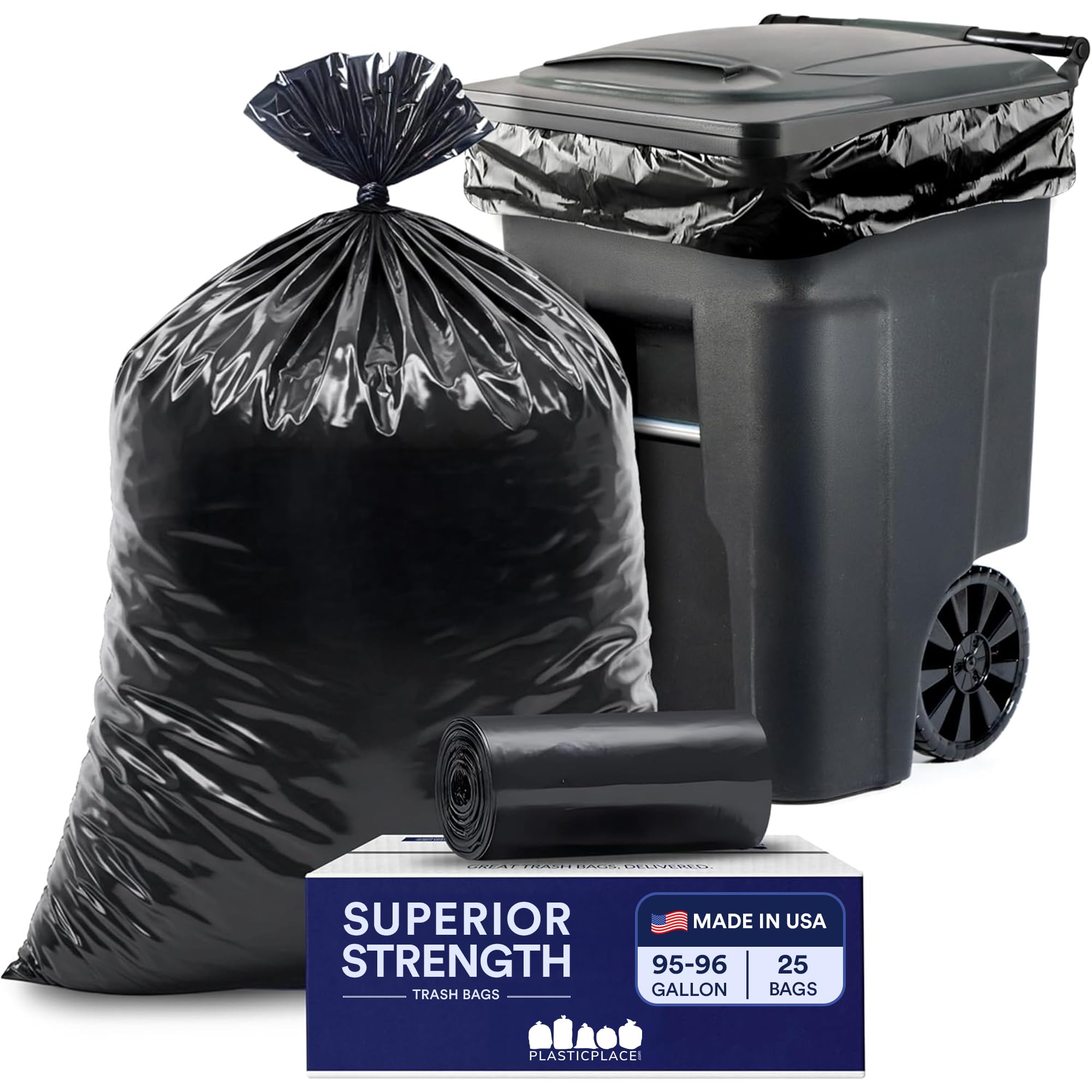 Plasticplace 95-96 Gallon Garbage Can Liners │ 2 Mil │ Black Heavy Duty Trash Bags │ 61” x 68”, 25 Count