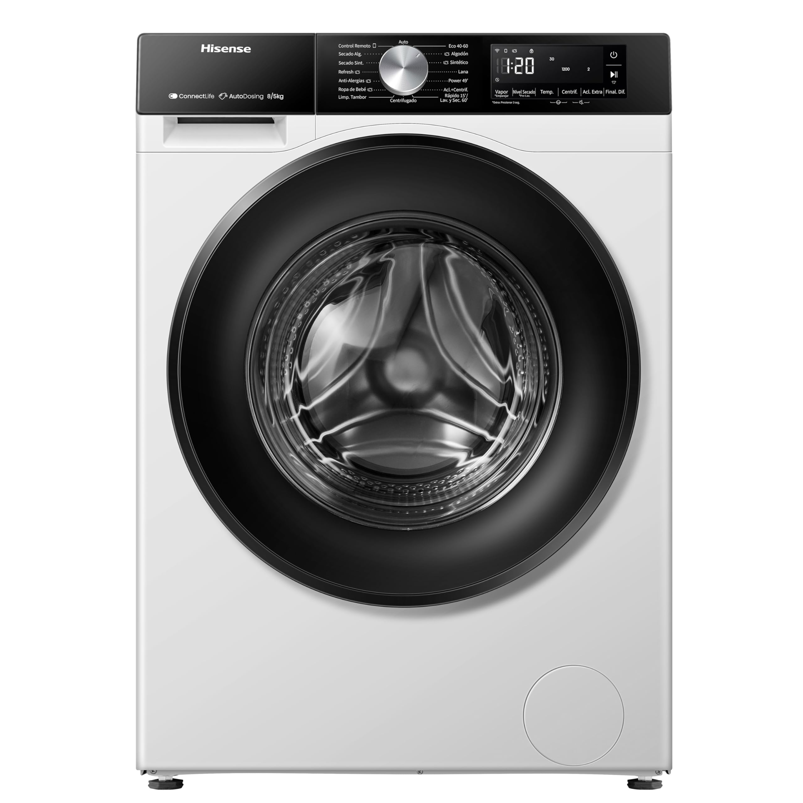 Hisense WD3S8043BW3, Lavadora Secadora, 8/5 Kg, Class A-30%/D, 1400 RPM, Ancho 60 cm, 16 Programas, Blanco