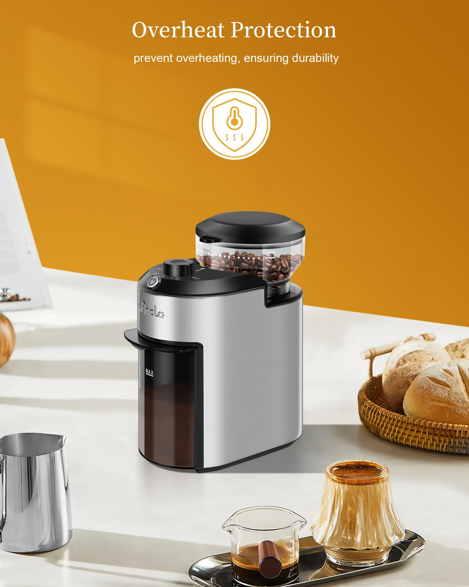 Moulin à Café à Meule Wancle 200W avec 28 Réglages de Mouture, Protection Contre la Surchauffe, Capacité de 2 à 12 Tasses, Design Compact pour un Rangement Facile, Acier Inoxydable, 220V