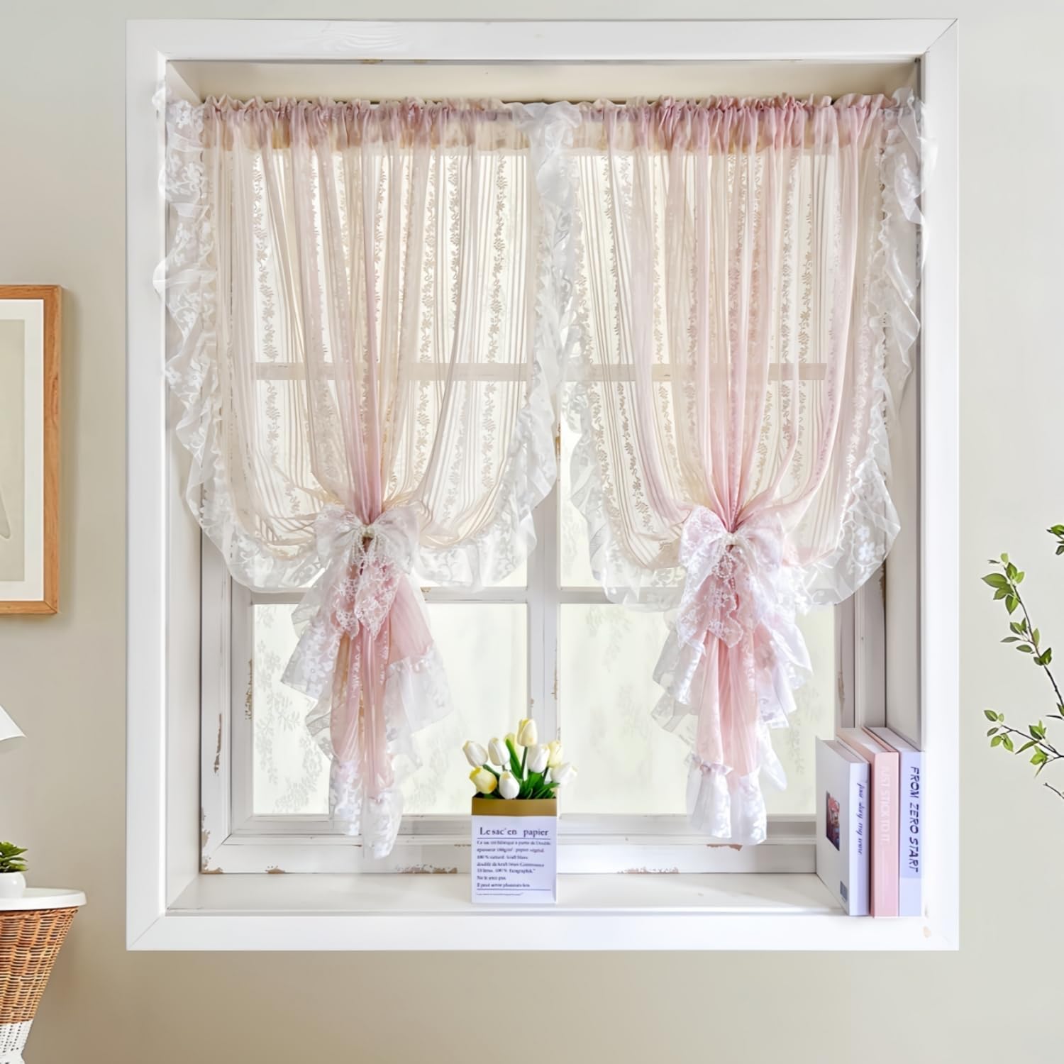 Gxi Pink Lace Sheer Curtain for Bedroom Vintage Ruffle Curtain Vine Floral Rod Pocket Voile Tulle Light Filter Farmhouse Window Curtain Living Room, 2 Panels, Each 59 x 63 inch Length