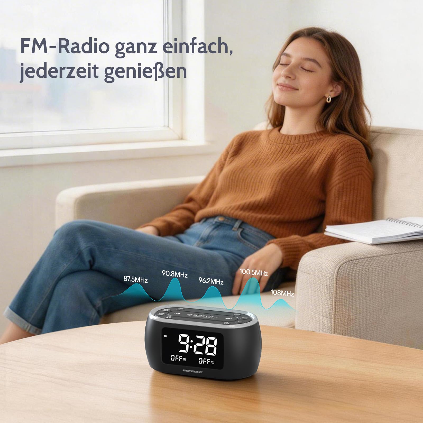 BUFFBEE Radiowecker mit Dualalarm und FM Radio, Digitaler Wecker mit 7 Farben Nachtlicht und 0-100% dimmbarem Display, 3 Wecktöne, für Schlafzimmer und Nachttisch