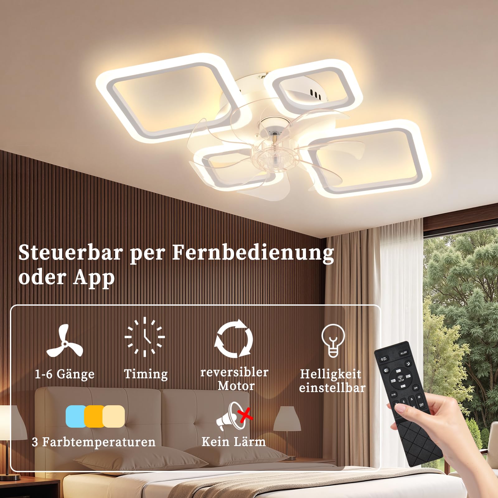 MiiR Deckenventilator Mit Beleuchtung,65W Deckenlampe Mit Ventilator Und Fernbedienung,Dimmbar Lampe Mit Ventilator,6-Gang,Speicherfunktion Deckenventilator Mit Licht Für Schlafzimmer Wohnzimmer,Weiß