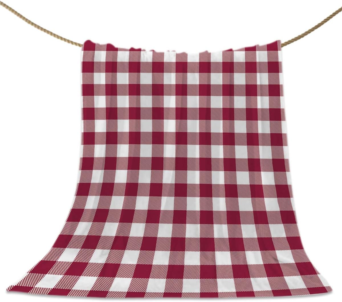 Throw Blankets Burgundy Check Plaid Throw Blankets Country Style Fuzzy Soft Bed Cover Bedspread Microfiber Luxury Blanket for Travel Stadium Camping Couch Sofa Chair