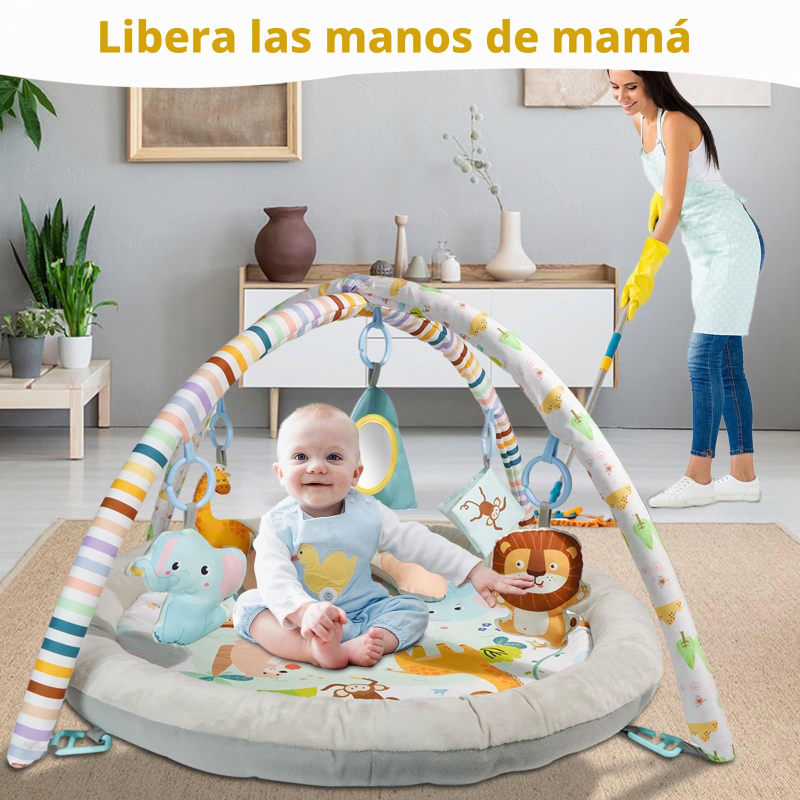 Baby Play Mat, Gym Play Mat for Newborn to 36 Months, with Hanging Toys, Tummy Time Pillow, Comfy Baby Mats, Floor Play, Activity Gym