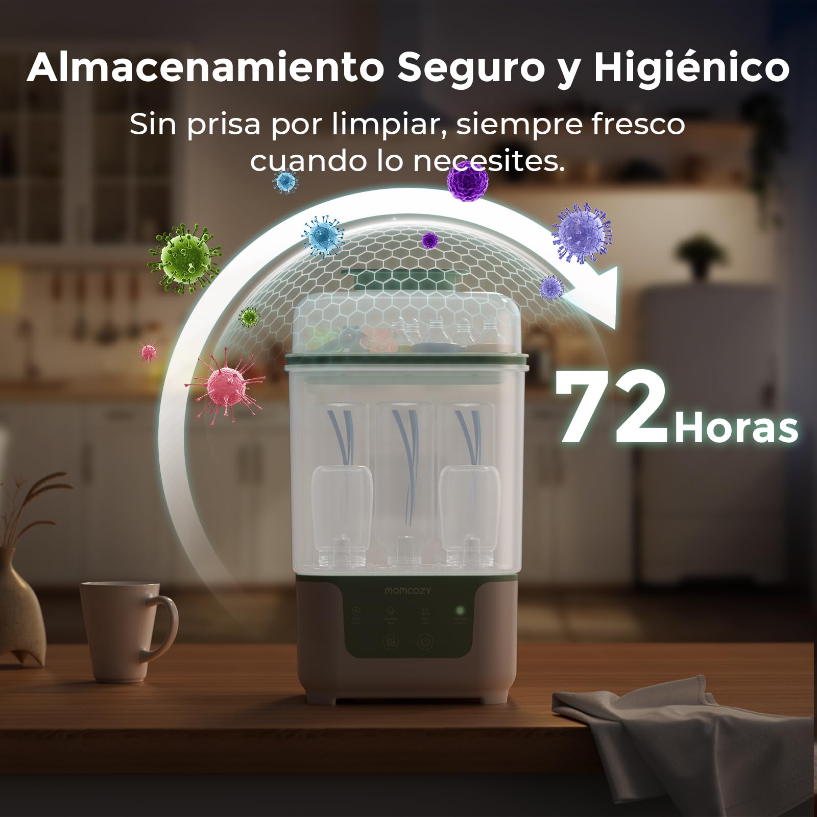 Momcozy Esterilizador y Secador Eléctrico para Biberones, Capacidad para 6 Biberones, Dispositivo 4 en 1 para Biberones, Accesorios y Extractores de Leche, con Soporte de Secado Incluido