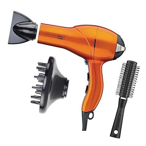 InfinitiPRO Conair Hair Dryer with Diffuser — Professional AC Motor & Tourmaline Ceramic, Includes Concentrator & Blowout Brush (Orange)
