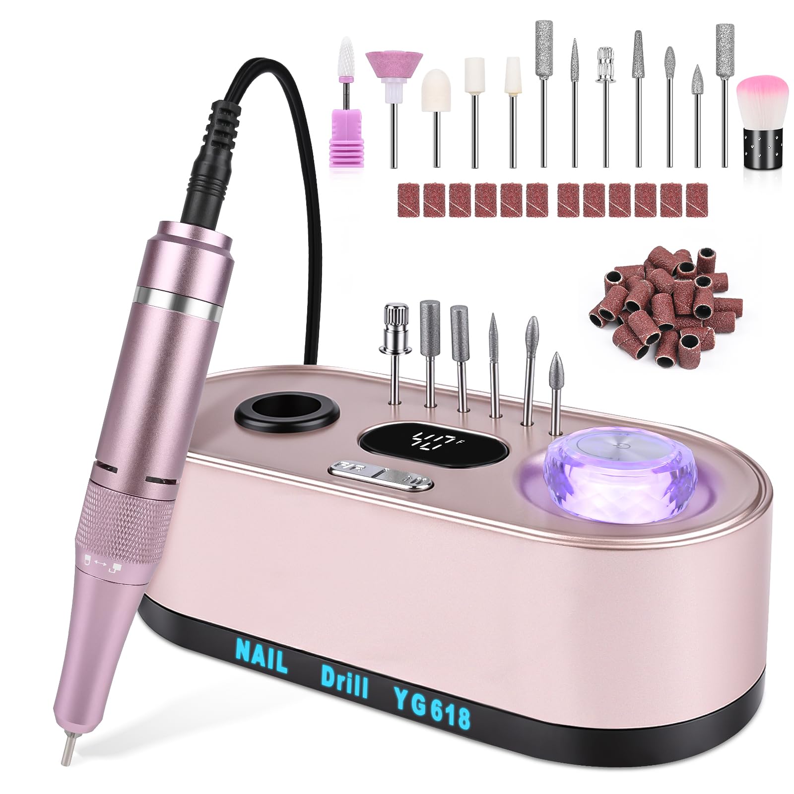 Fresa per unghie professionale 45000RPM,Fresa Per Unghie Con 12 Testine Di Levigatura,Display Lcd,Controllo Del Pulsante Illuminato,Silenzioso,Limetta portatile per gel acrilico