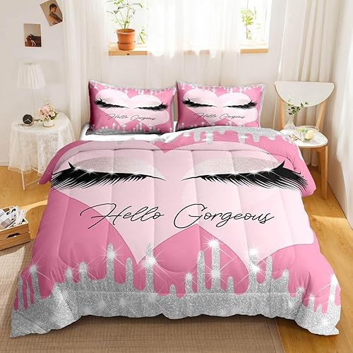 Miniatura 8 de LUVIVIHOME Juego de edredón de 3 piezas Hello Gorgeous tamaño matrimonial, juego de edredón de oro rosa, maquillaje con purpurina de lujo, unicornio
