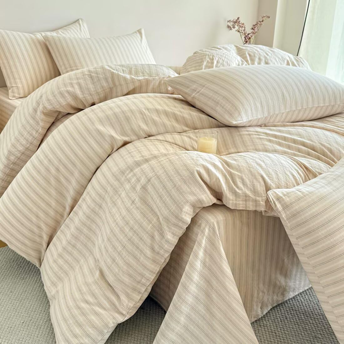PinkMemory Beige Striped Duvet Cover Set Queen 100% Washed Cotton Beige Wide and Pinstriped Bedding Duvet Cover Set with Streak Pillowcases-Ultra Soft Breathable Zipper Closure Corner Ties - Image 2
