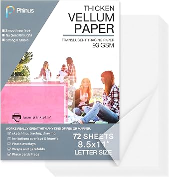 Phinus 72 Sheets Translucent Vellum Paper 8.5 x 11, Printable Vellum Jackets Vellum Paper for Invitations, Tracing Paper for Drawing Sketching, Invitation Belly Bands, Gift Box Liners, White