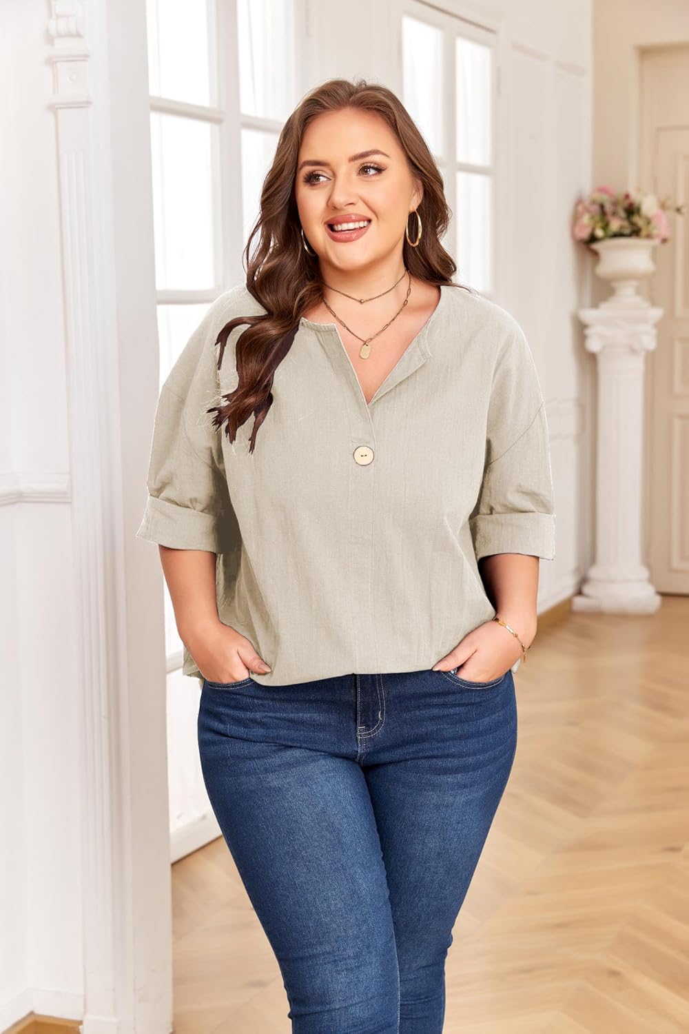Women's Plus Size 3/4 Sleeve Linen Cotton V Neck Button Shirt Blouse Tunic Tops Loose Fit - Image 3