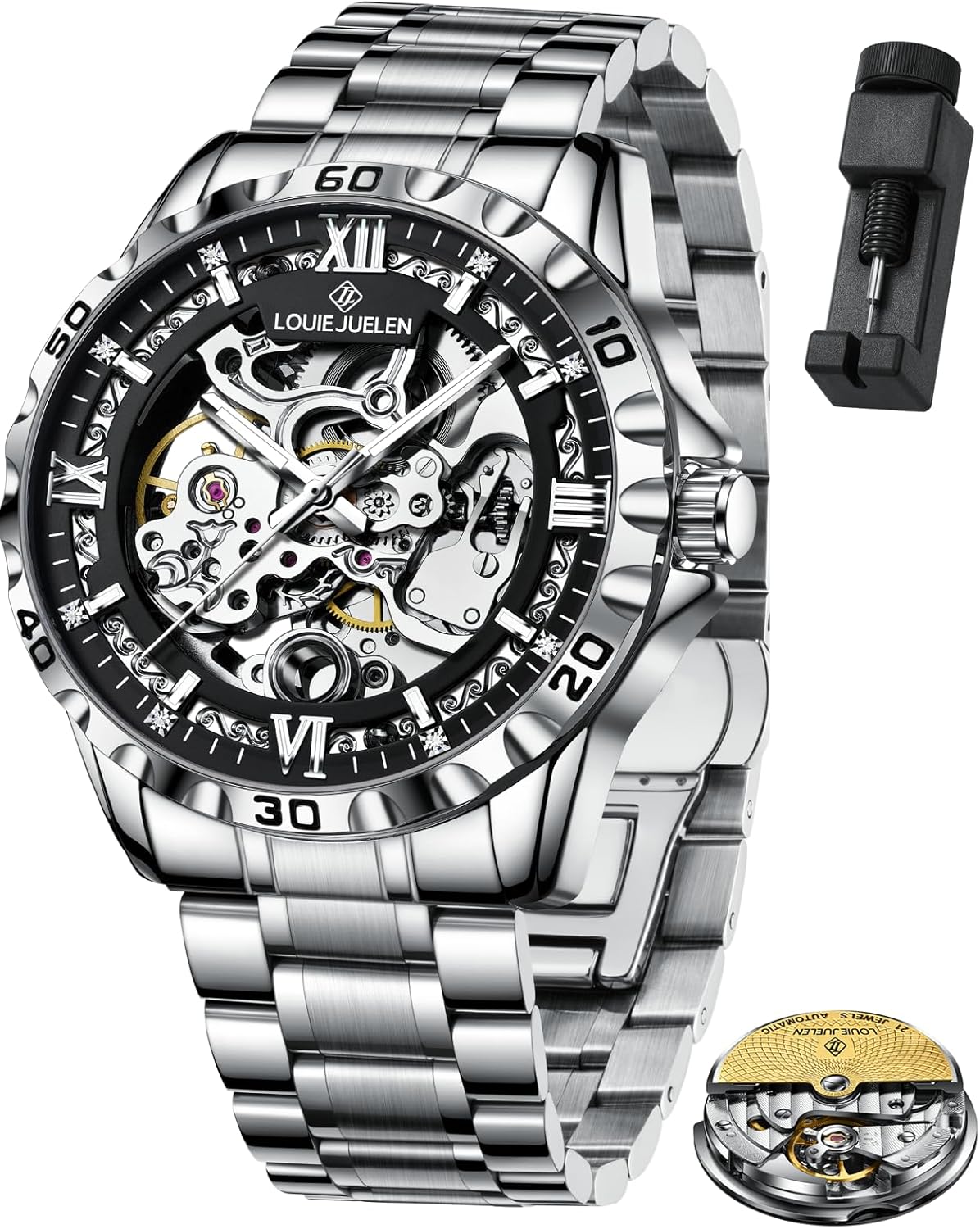 Men's Skeleton Mechanical Watch Automatic Self-Winding Movement Silver Stainless Steel Case with Luxury Dress Luminous Black Dial Wrist Watches