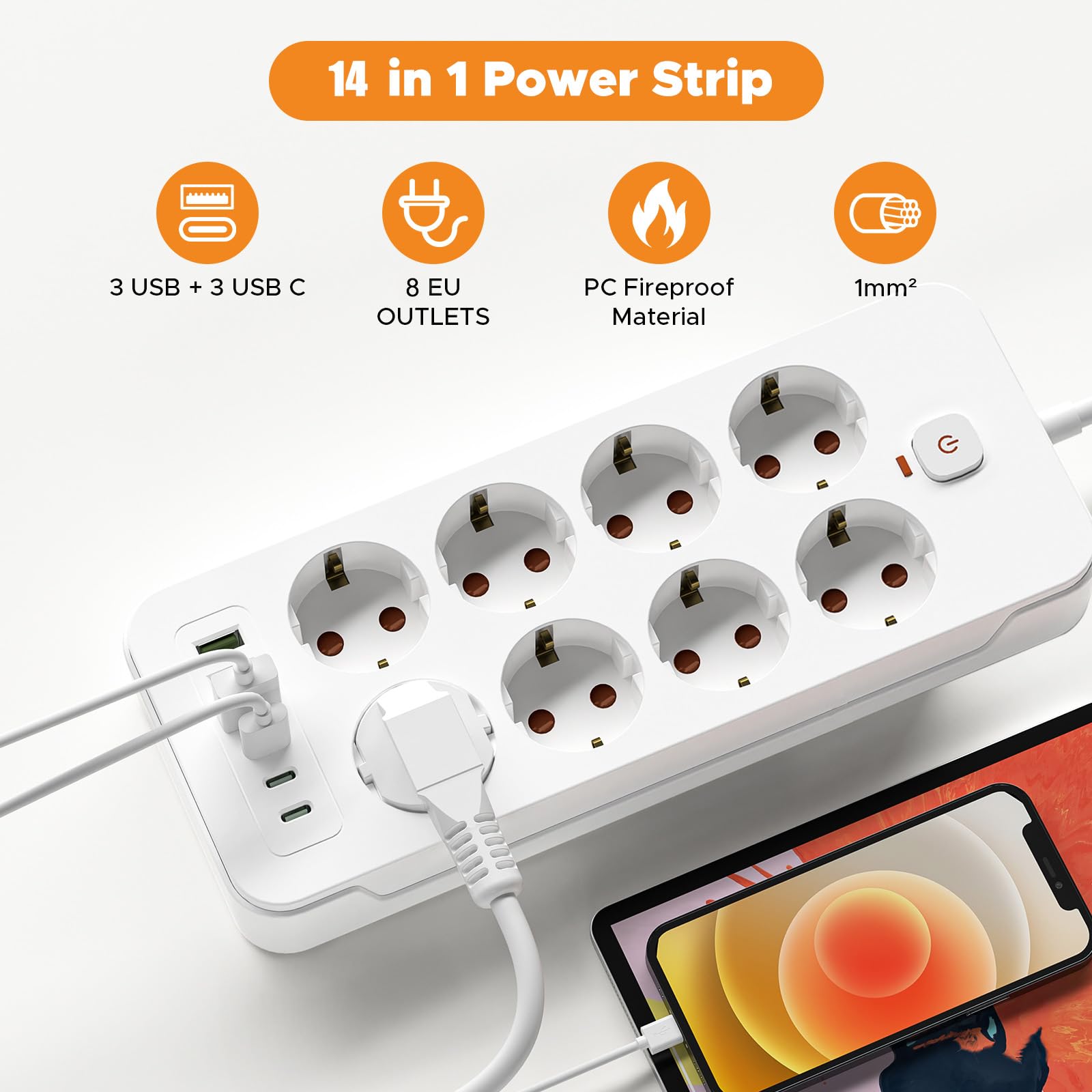 Regleta múltiple con USB C, regleta SNYZPN con interruptor de 8 tomas, cable de extensión de 5 m, cable de extensión con regleta de enchufe, protección contra sobretensiones, 3680 W, montaje en pared