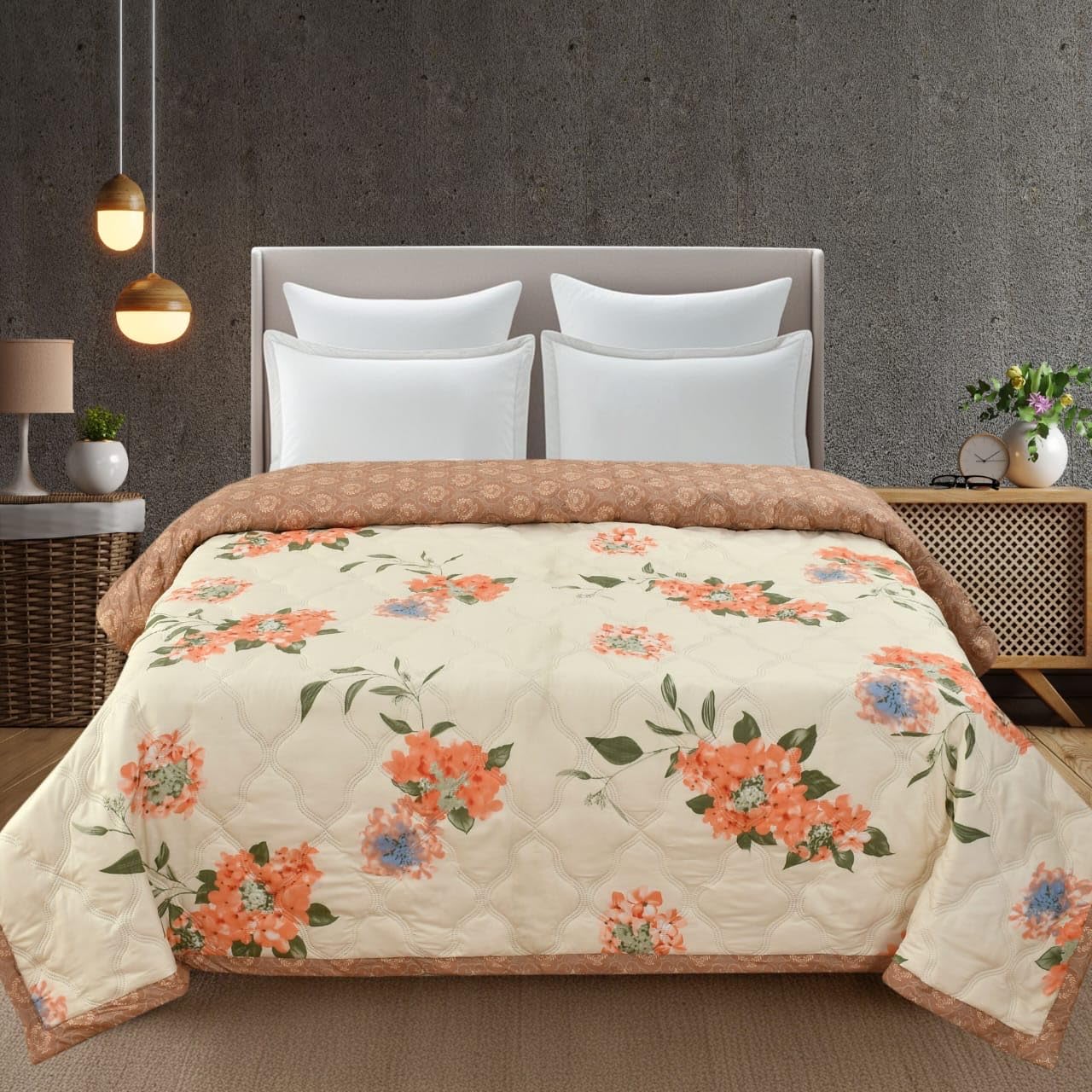 Ultrasonic Printed Reversible Comforter with Bag Packing, Double (Size 90x100inchs) /Single (Size 60x90 inchs) (Brown Bouquet, Single)-image-37