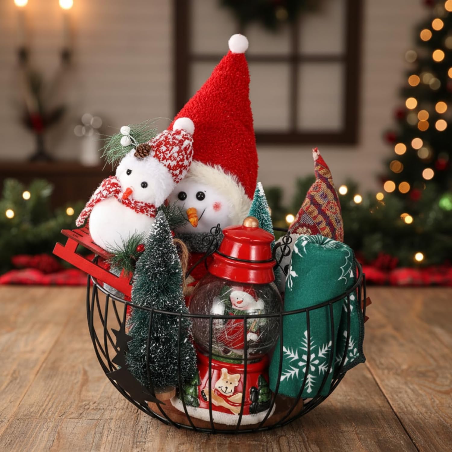 Threehoney Iron Christmas Baskets for Gifts Empty 12 Inch Large Christmas Gift Basket Empty Gift Basket with Cellophane Wrap Set and Red Bow for Xmas Birthday Holiday Favor Wrapping