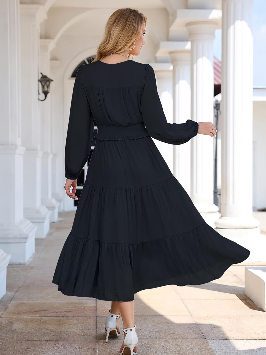 Women's Long Sleeve Flowy Maxi Dress Smocked Waist A-Line Casual Semi Formal Wedding Guest Dresses - Image 3