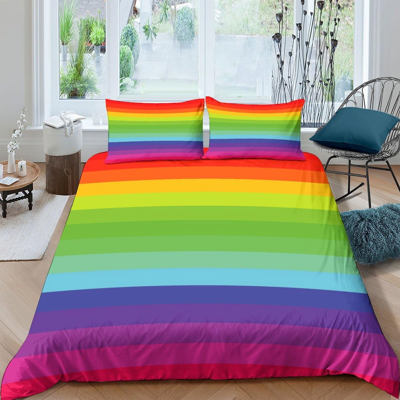 GPLZQXKJNH 3D Printed Rainbow Stripe Duvet Cover Microfiber Breathable Gradient Bedding Set with 2 Pillowcases for Bedroom Decor Single（135x200cm）